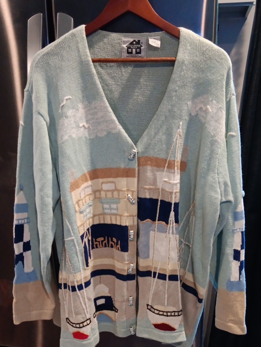 Storybook Knits Seafoam and Navy Boat-Scene Button Cardigan